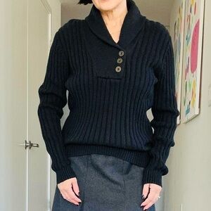 VTG Lauren Ralph Lauren Black Cotton Knit Cowl Neck Bronze Button Large Sweater